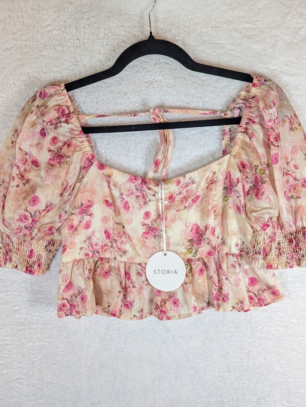 Storia Cream and Pink Floral Puff-Sleeve Crop Top